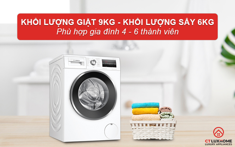 Máy giặt kèm sấy Bosch WNA14400SG có công suất giặt và sấy khá lớn.