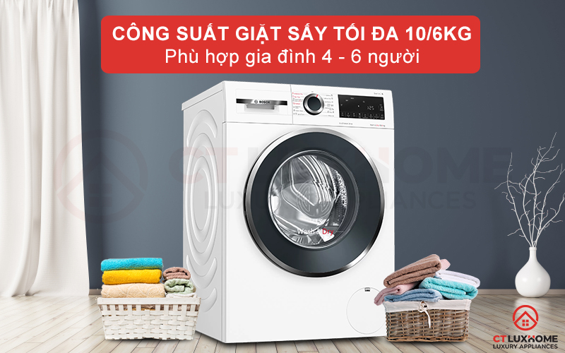 Công suất giặt 10kg và sấy 6kg phù hợp với gia đình đông thành viên