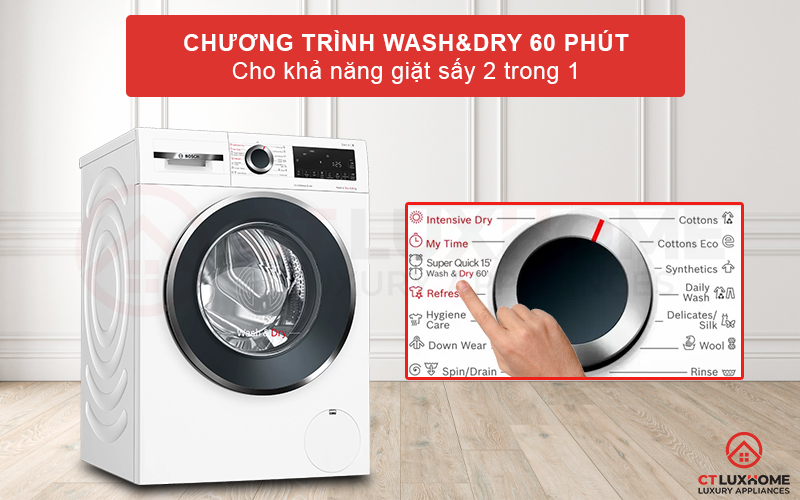 Tích hợp khả năng giặt sấy 2 trong 1 tại chương trình Wash & Dry