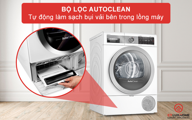 Bộ lọc AutoClean tự động làm sạch bụi vải bên trong lồng máy cho mỗi lần sấy.