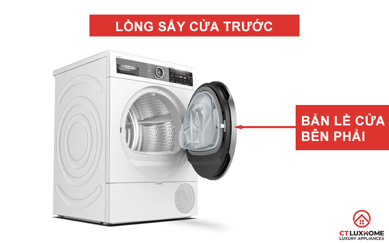 Máy sấy Bosch WTX87E40 được thiết kế lồng sấy cửa trước, bản lề cửa bên phải.