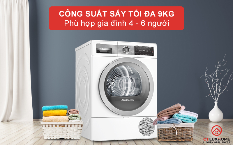 Máy sấy Bosch WTX87E40 có thể sấy khô tối đa 9kg đồ quần áo.
