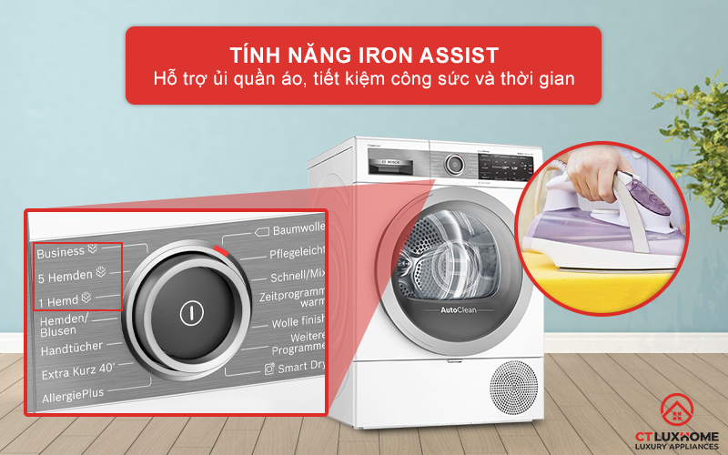 Tính năng Iron Assist trên máy sấy Bosch WTX87E40 hỗ trợ là (ủi) đồ quần áo.