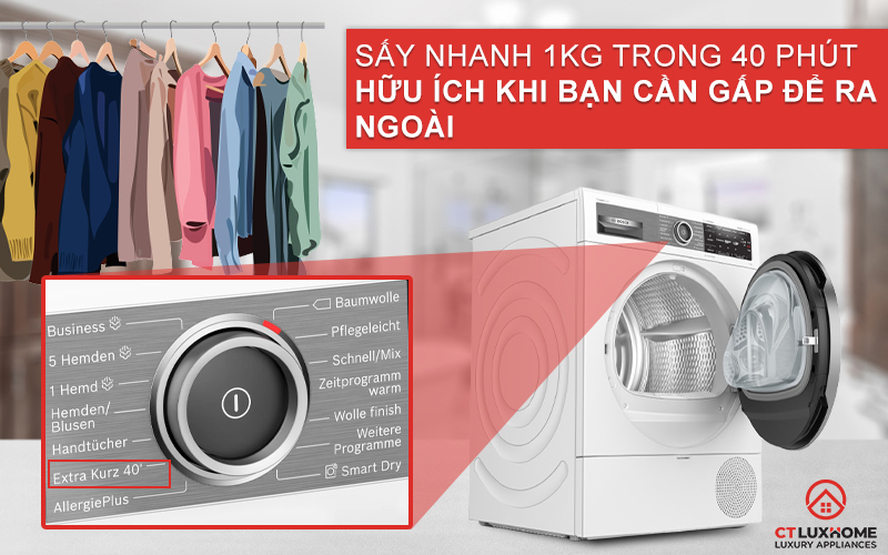 Tính năng Extra Kurz sấy nhanh trong 40 phút khi cần gấp quần áo để ra ngoài.