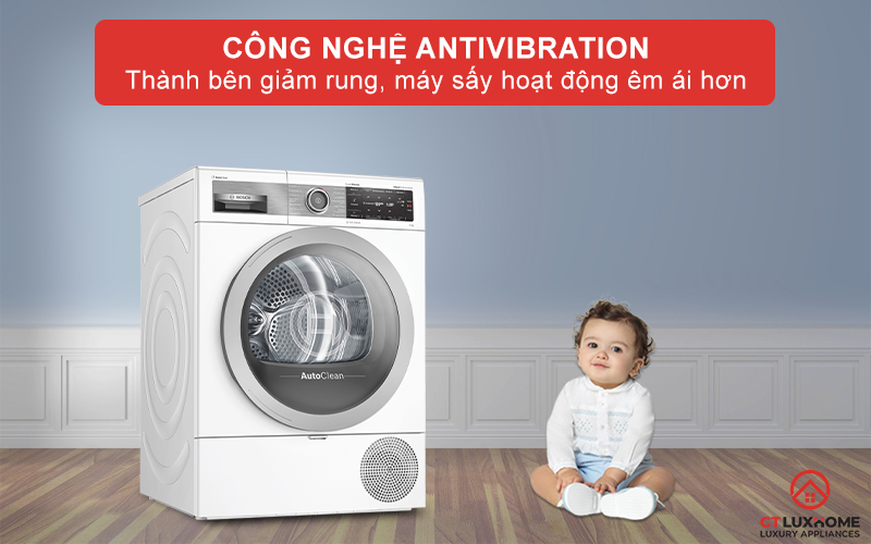 Công nghệ AntiVibration giúp giảm rung hai bên thành máy sấy Bosch WTX87E40.