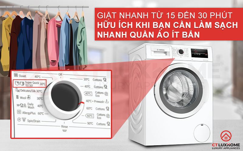 Tính năng Super Quick 15'/30' giúp bạn giặt sạch quần áo trong thời gian ngắn