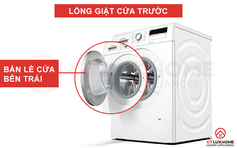 Lồng máy giặt cửa trước, bản lề cửa bên trái thuận tiện cho việc đóng mở