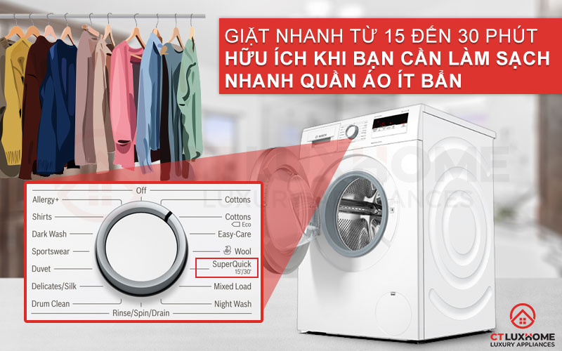 Chương trình Super Quick 15'/30' giúp tiết kiệm thời gian giặt hơn