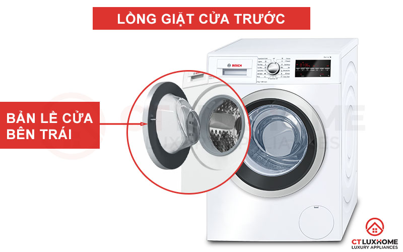 Lồng máy giặt cửa trước, bản lề cửa bên trái giúp người dùng dễ đóng mở hơn