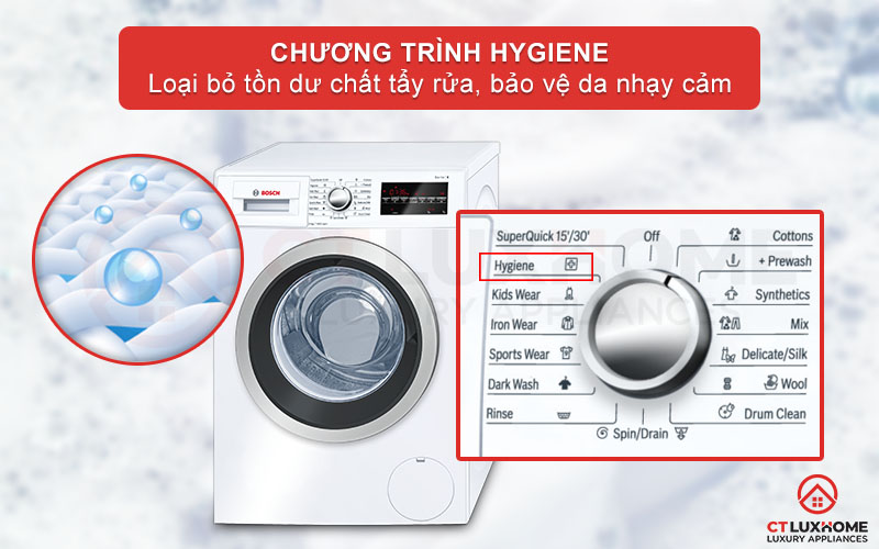 Tính năng Hygiene giặt diệt khuẩn và nấm mốc, bảo vệ da nhạy cảm