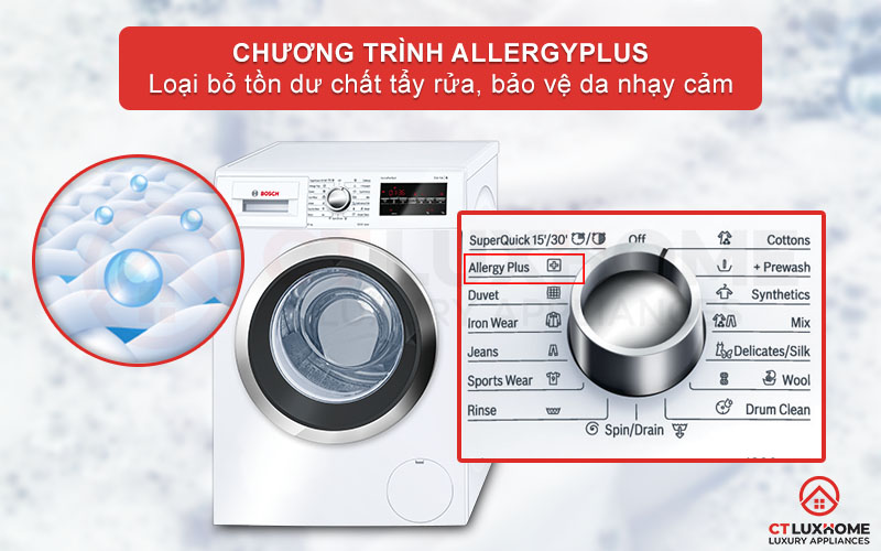 Chương trình AllergyPlus giặt diệt khuẩn và nấm mốc, bảo vệ làn da nhạy cảm