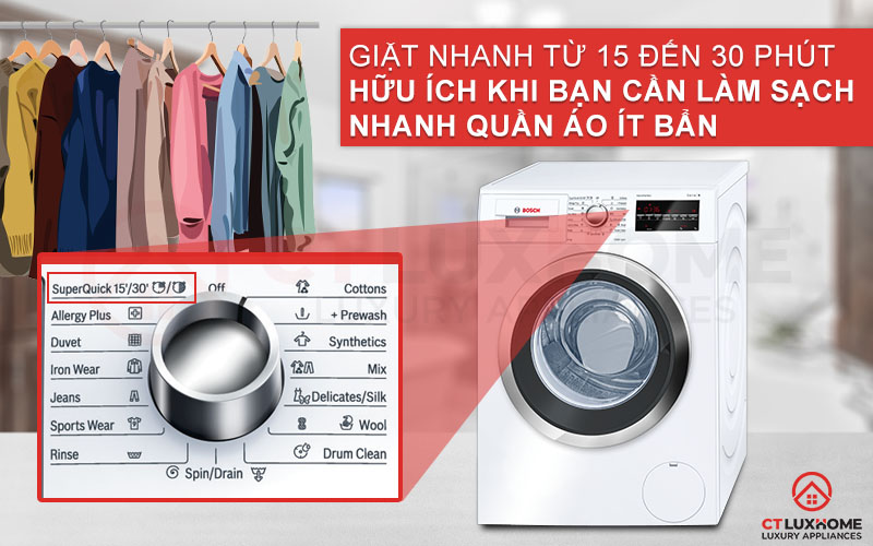 Chương trình Super Quick 15'/30' giúp bạn giặt sạch quần áo trong thời gian ngắn