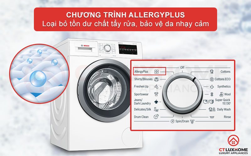 Chương trình AllergyPlus giặt diệt khuẩn và nấm mốc, bảo vệ da nhạy cảm