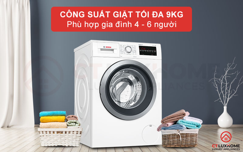 Dung tích chứa lớn, công suất giặt tối đa 9kg phù hợp gia đình 4 - 6 người