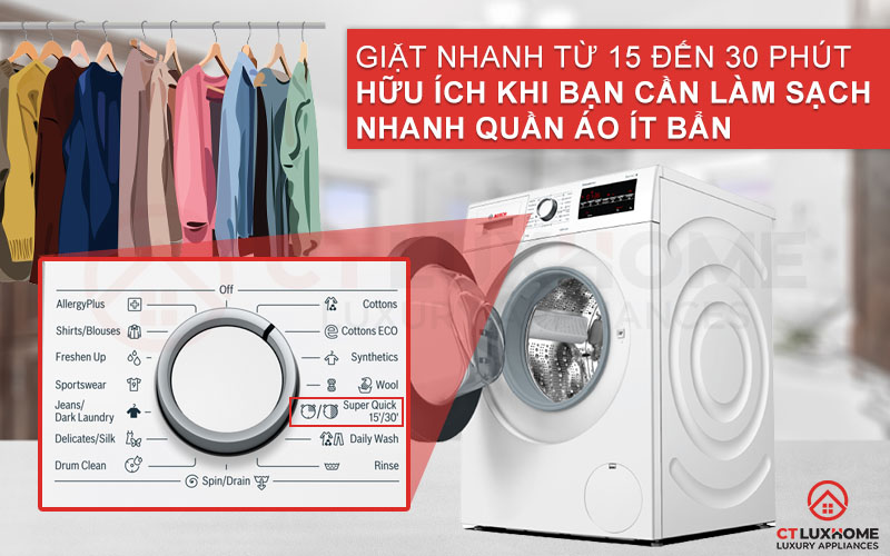 Chức năng Super Quick 15'/30' giúp giặt sạch quần áo trong khoảng thời gian ngắn