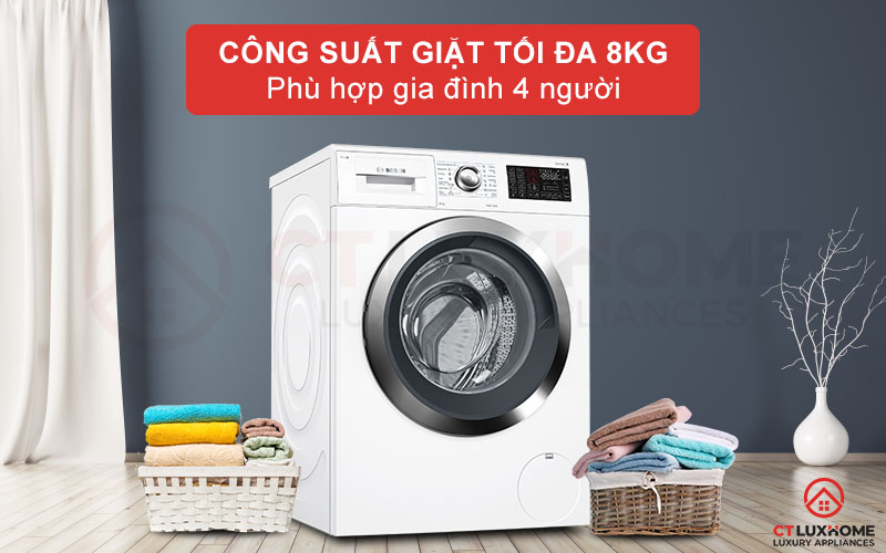 Công suất giặt tối đa 8kg phù hợp gia đình 4 thành viên