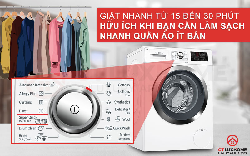 Chương trình Super Quick 15'/30' giúp giặt nhanh hơn, tiết kiệm thời gian hơn