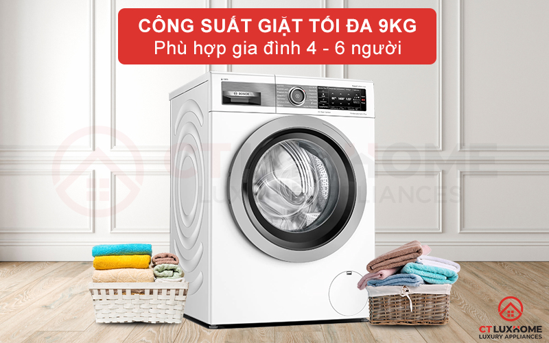 Dung tích chứa lớn, công suất giặt 9 kg phù hợp gia đình 4-6 thành viên