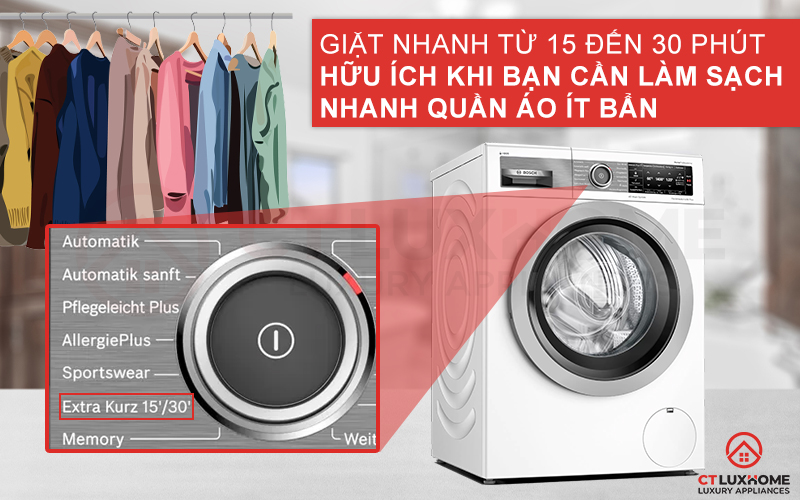 Giặt nhanh 15 hoặc 30 phút Extra Kurz tiết kiệm thời gian hơn