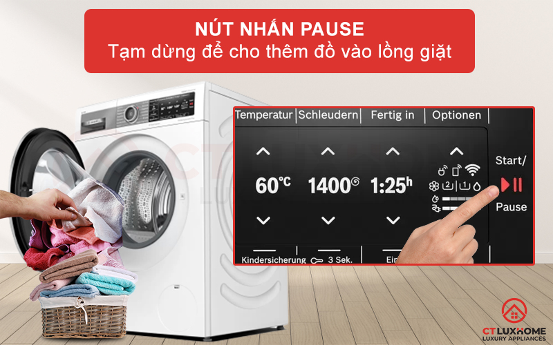 Nhấn Pause để tạm dừng máy và thêm đồ vào lồng giặt