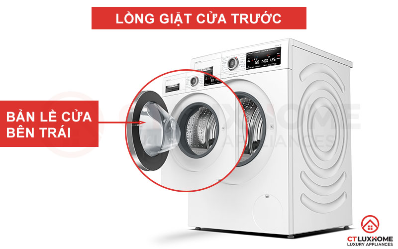 Lồng giặt cửa trước, bản lề cửa bên trái thuận tiện việc đóng mở