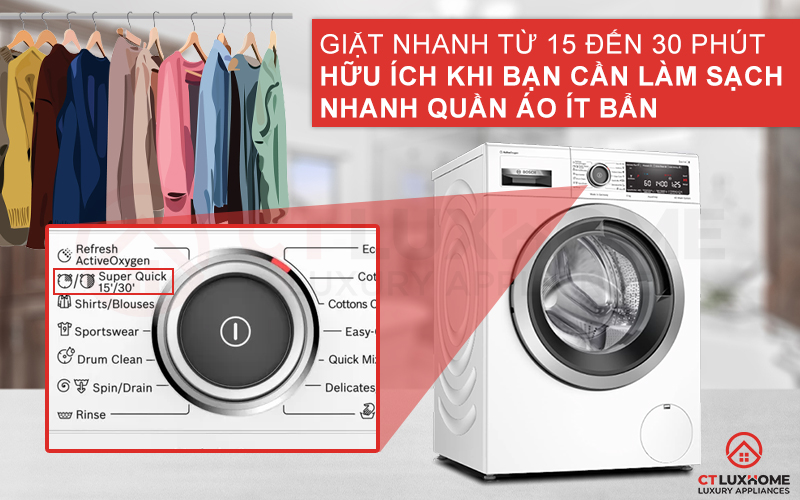 Tính năng Super Quick 15'/30' giúp tiết kiệm thời gian giặt hơn