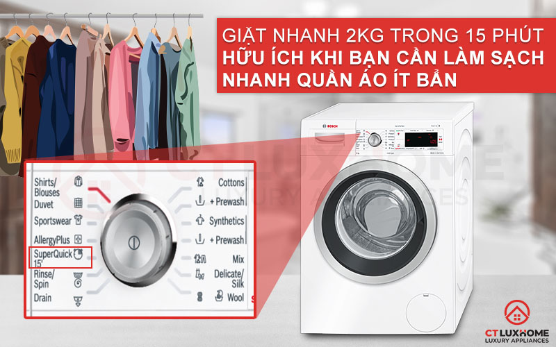 Tính năng Super Quick 15' giúp giặt nhanh hơn và giảm thời gian