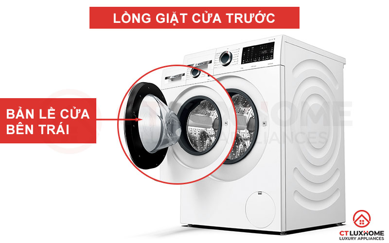 Bản lề cánh cửa máy giặt Bosch WGG234E0SG nằm bên trái với góc mở 165 độ