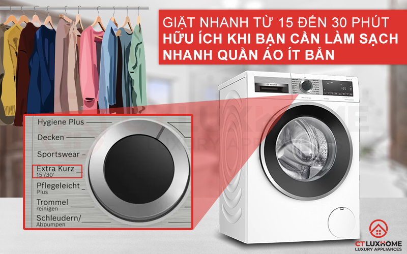 Giặt nhanh 15 phút hoặc 30 phút Extra Kurz giúp giảm thời gian giặt hơn