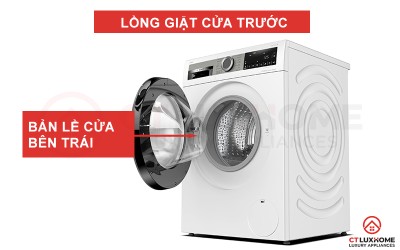 Lồng máy giặt được thiết kế cửa trước, bản lề trái cho góc mở tối đa đến 165° độ