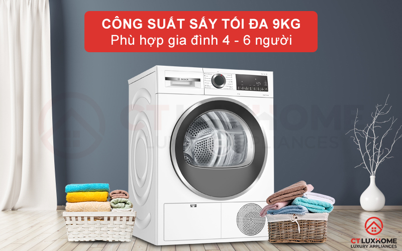 Máy sấy Bosch serie 6 WQG24200SG có thể sấy khô tối đa đến 9kg