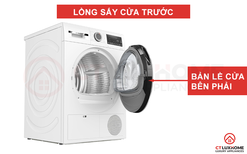 Lồng sấy được thiết kế với cửa mặt trước, bản lề cửa bên phải thuận tiện cho việc đóng mở