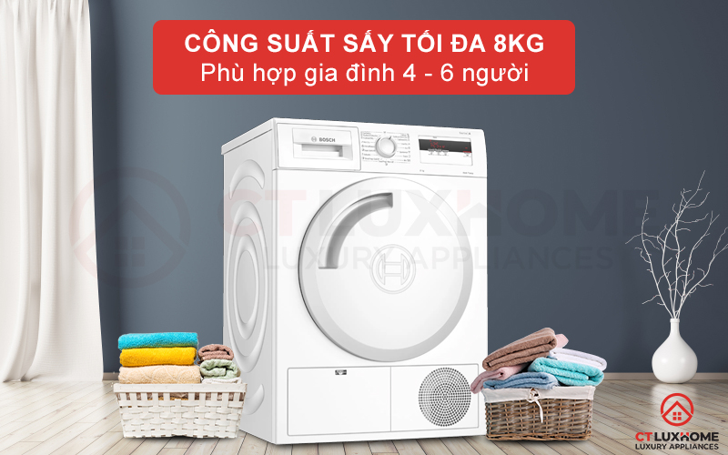 Với dung tích lồng chứa lên đến 112 lít, máy sấy Bosch serie 4 WTH83008SG có thể sấy tối đa lên đến 8kg