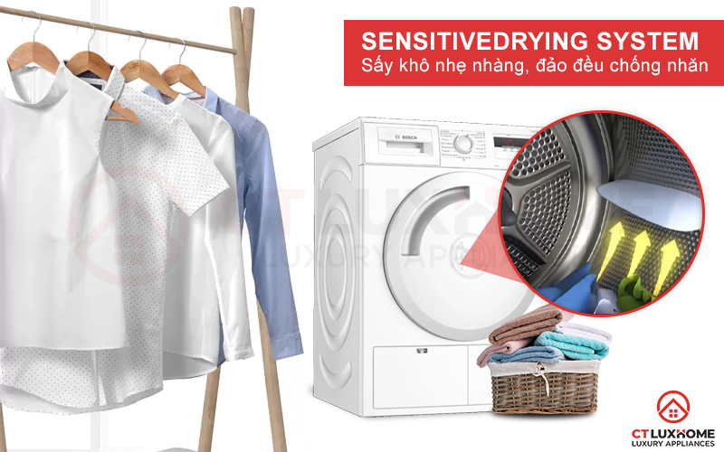 Sấy nhẹ nhàng, đảo đều chống nhăn nhờ hệ thống Sensitive Drying System