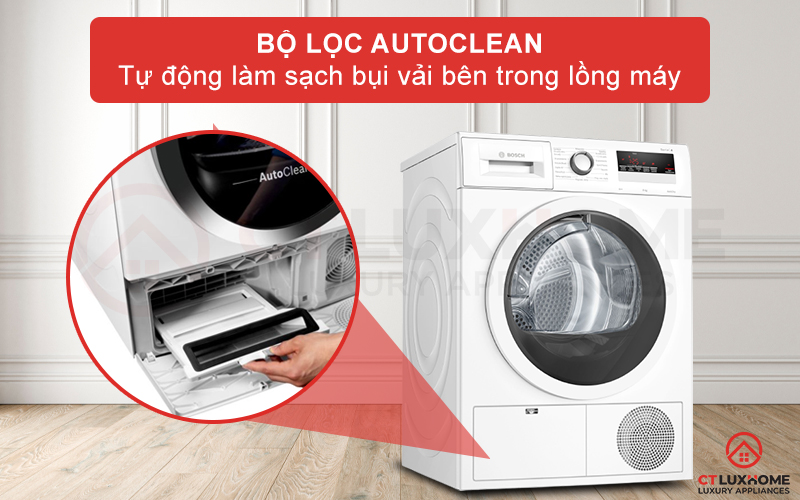 Bộ lọc AutoClean tự động làm sạch bụi vải bên trong lồng máy cho mỗi lần sấy