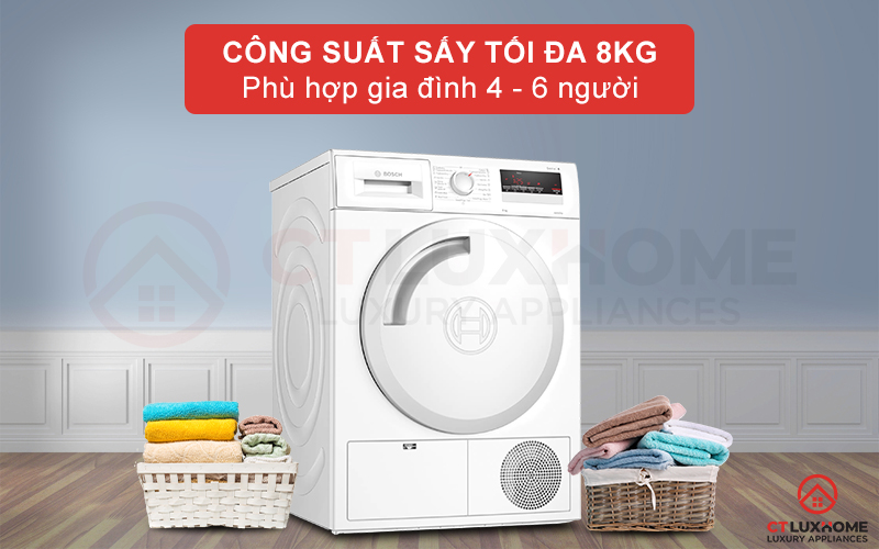 Dung tích chứa lớn, công suất sấy tối đa 8kg phù hợp với gia đình 4-6 người
