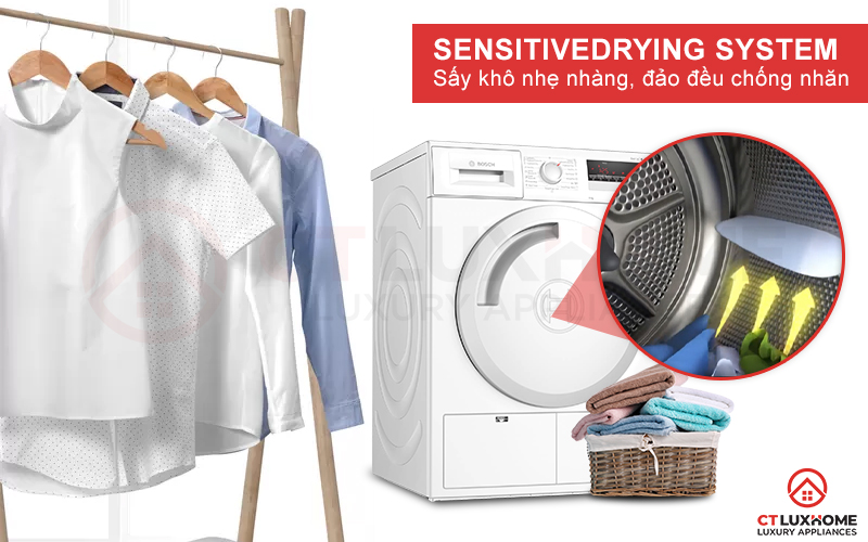 Tích hợp công nghệ SensitiveDrying giúp sấy khô và chống nhăn hiệu quả