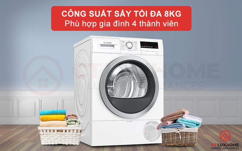 Dung tích chứa lớn, công suất sấy tối đa 8kg phù hợp với gia đình 4 thành viên