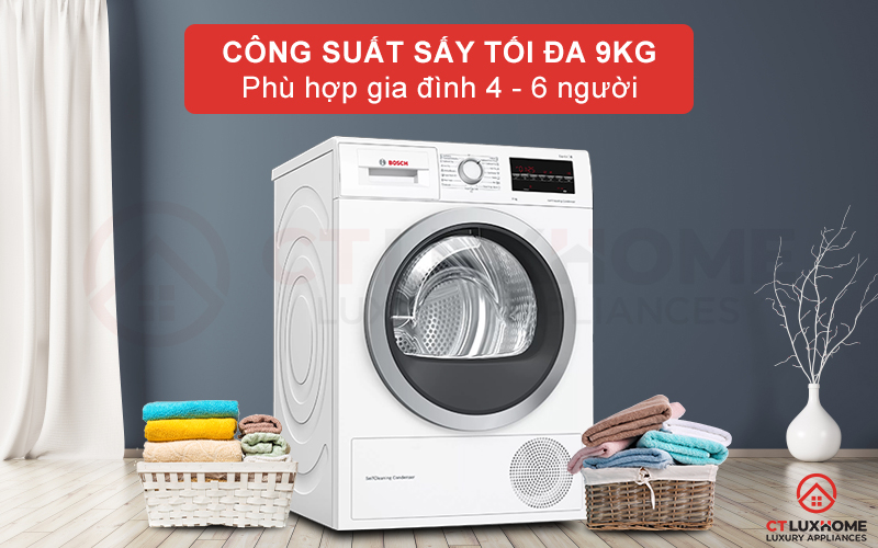 Dung tích chứa lớn, công suất sấy 9kg phù hợp với gia đình đông thành viên