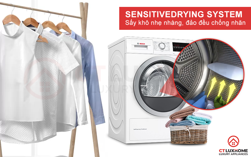 Sấy nhẹ nhàng, đảo đều chống nhăn nhờ hệ thống Sensitive Drying System