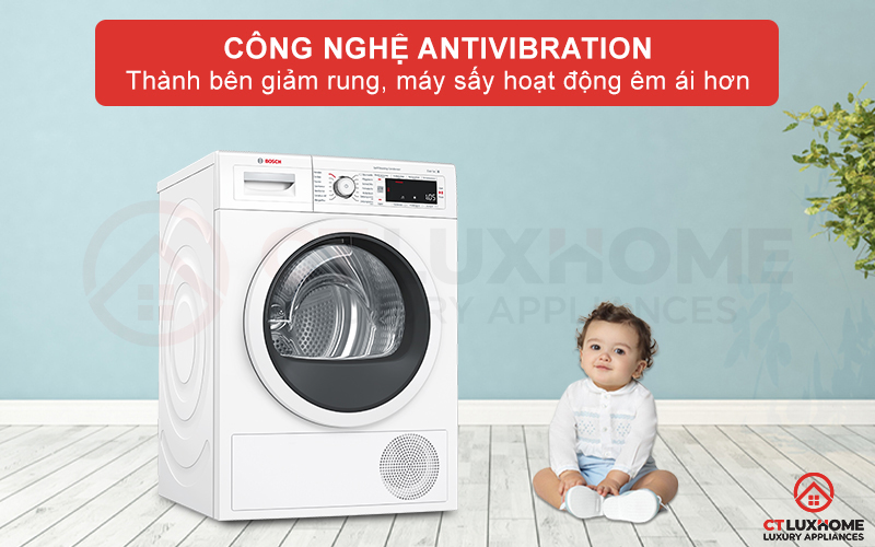 Công nghệ AntiVibration giảm rung 2 bên thành máy sấy Bosch WTW87541.