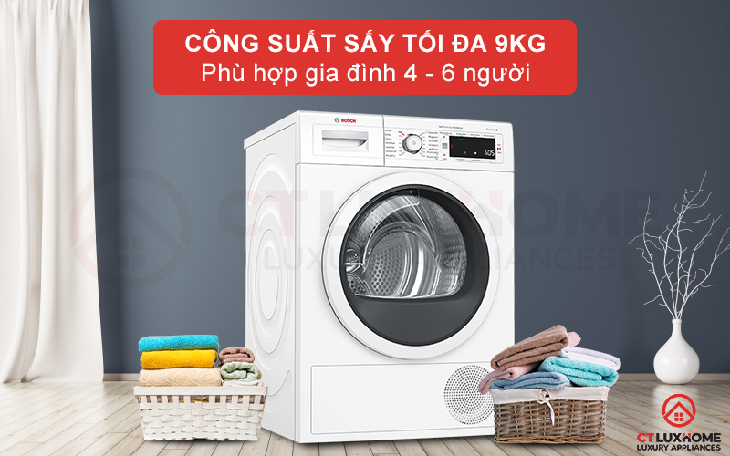 Máy sấy Bosch Heatpump WTW87541 có thể sấy tối đa 9kg quần áo.