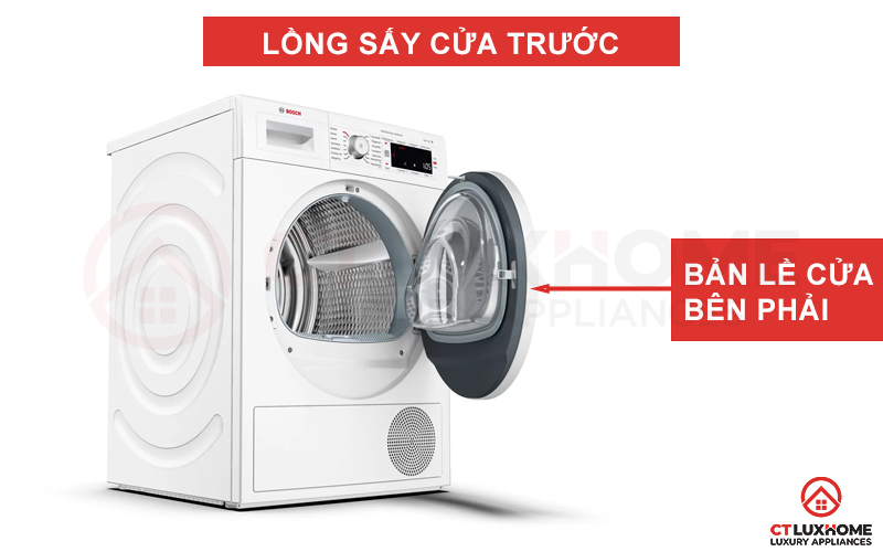 Máy sấy Bosch WTW87541 được thiết kế với cửa mặt trước, bản lề bên phải.