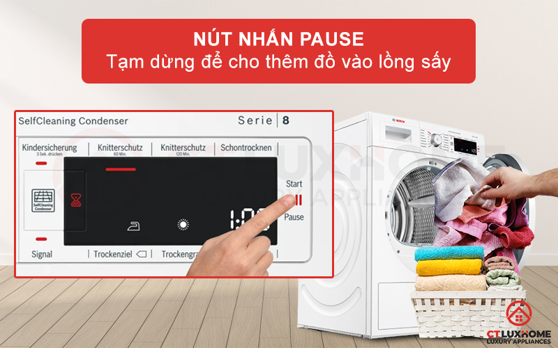 Kích hoạt Pause để tạm dừng chương trình và thêm đồ quần áo vào lồng sấy.