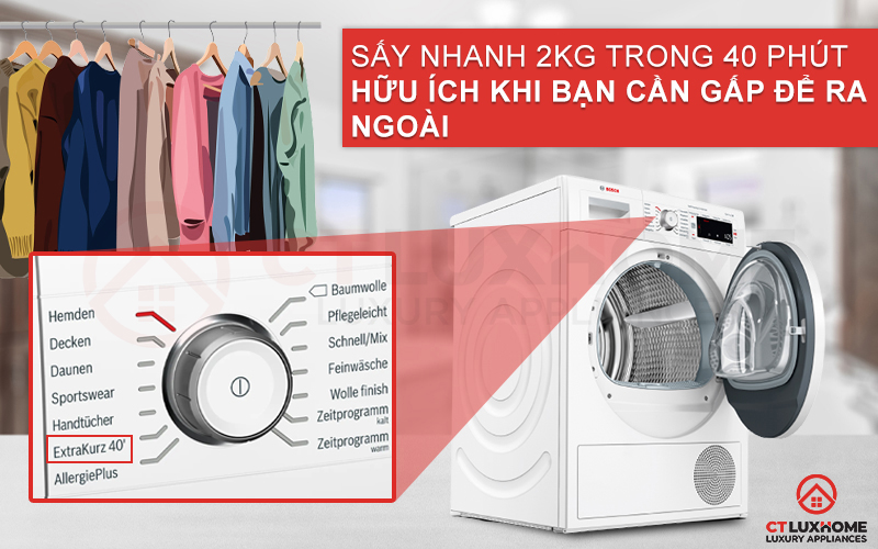 Tính năng Extra Kurz sấy nhanh 2kg trong 40 phút khi cần gấp quần áo để đi ra ngoài.