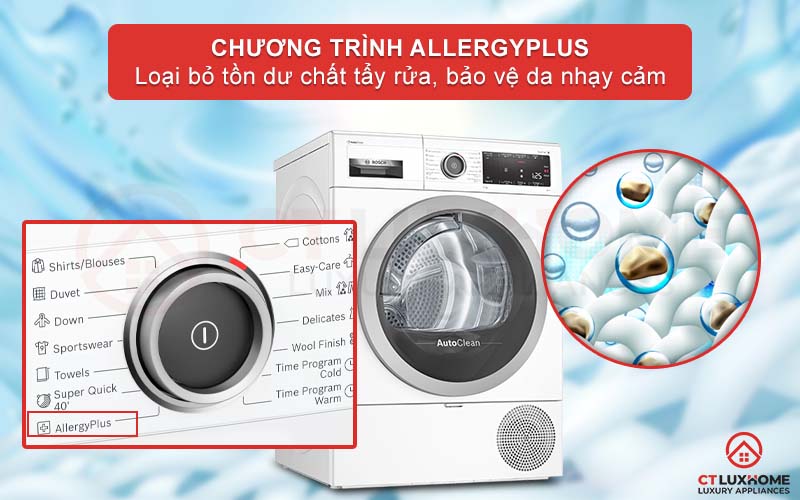 Chức năng AllergyPlus sấy diệt khuẩn, bảo vệ làn da nhạy cảm.