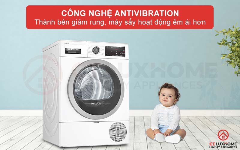 Công nghệ AntiVibration giảm độ rung 2 bên thành, máy sấy hoạt động êm ái hơn.