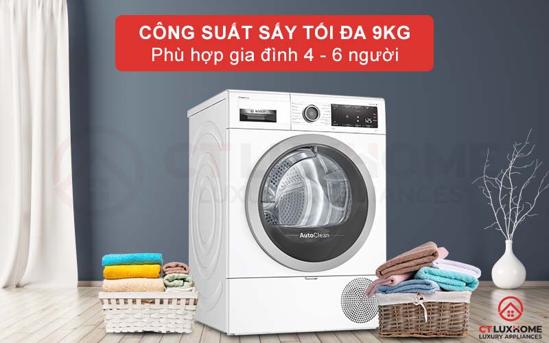Máy sấy Bosch WTX87M90BY Heatpump có thể sấy tối đa 9kg quần áo.