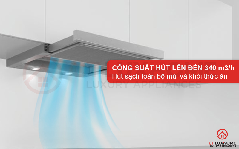 Công suất hút tối đa 340 m3/h hút sạch mùi và khói thức ăn