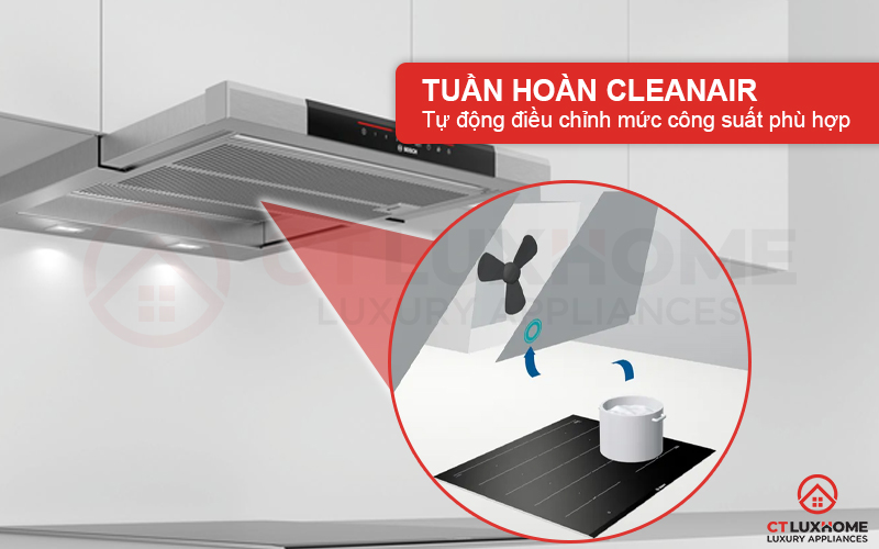 Bên trong máy hút mùi Bosch DFS067J50B được cài đặt bộ cảm biến CleanAir tự động giám sát không khí